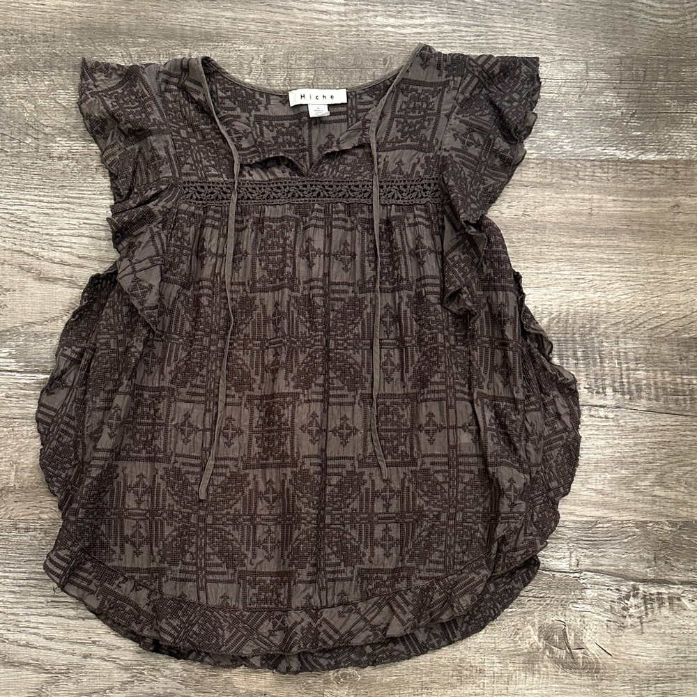 Hiche Medium Women's Brown‎ Patterned Cotton Silk Blend Top